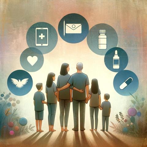 An illustration using calming blue and brown hues of a family standing together with interlocked arms, underneath an array of icons depicting different types of addictions such as drug use, gambling, or social media.