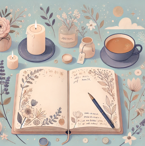 A serene and calming illustration for a blog cover about journaling for mental health. The image features an open journal with a pen placed beside it.