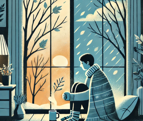  A thought-provoking and empathetic illustration for a blog cover about seasonal mood change. The image features a person sitting by a window on a cold day