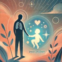 A blog cover image depicting the concept of 'inner children.' The scene shows a soft, calming background of pastel colors, with a silhouette of an adult. 