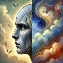  A symbolic illustration of a person divided into two contrasting sides, with one half appearing calm and serene in light colors and the other half appearing smoky and blue. 